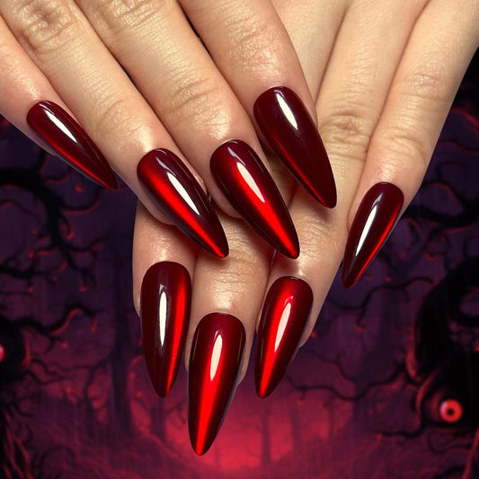Crimson Dagger Long Stiletto Press-On Nails – Deep Blood Red Metallic Chrome Finish, Bold and Dramatic Reusable False Nail Set, Perfect for Halloween, Cosplay, Parties, Gothic and Vampire-Inspired Looks, Easy to Apply and Long-Lasting Manicure Set